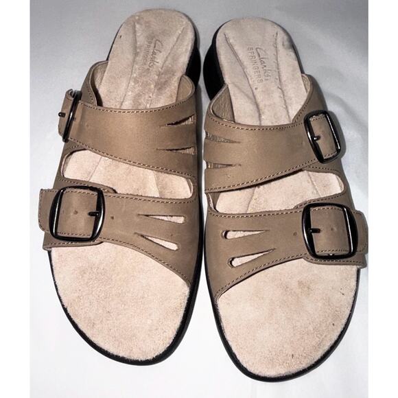 NEW Clarks Springers Sandals Womens Size 5.5M Tan Leather Buckle Straps - Picture 1 of 3